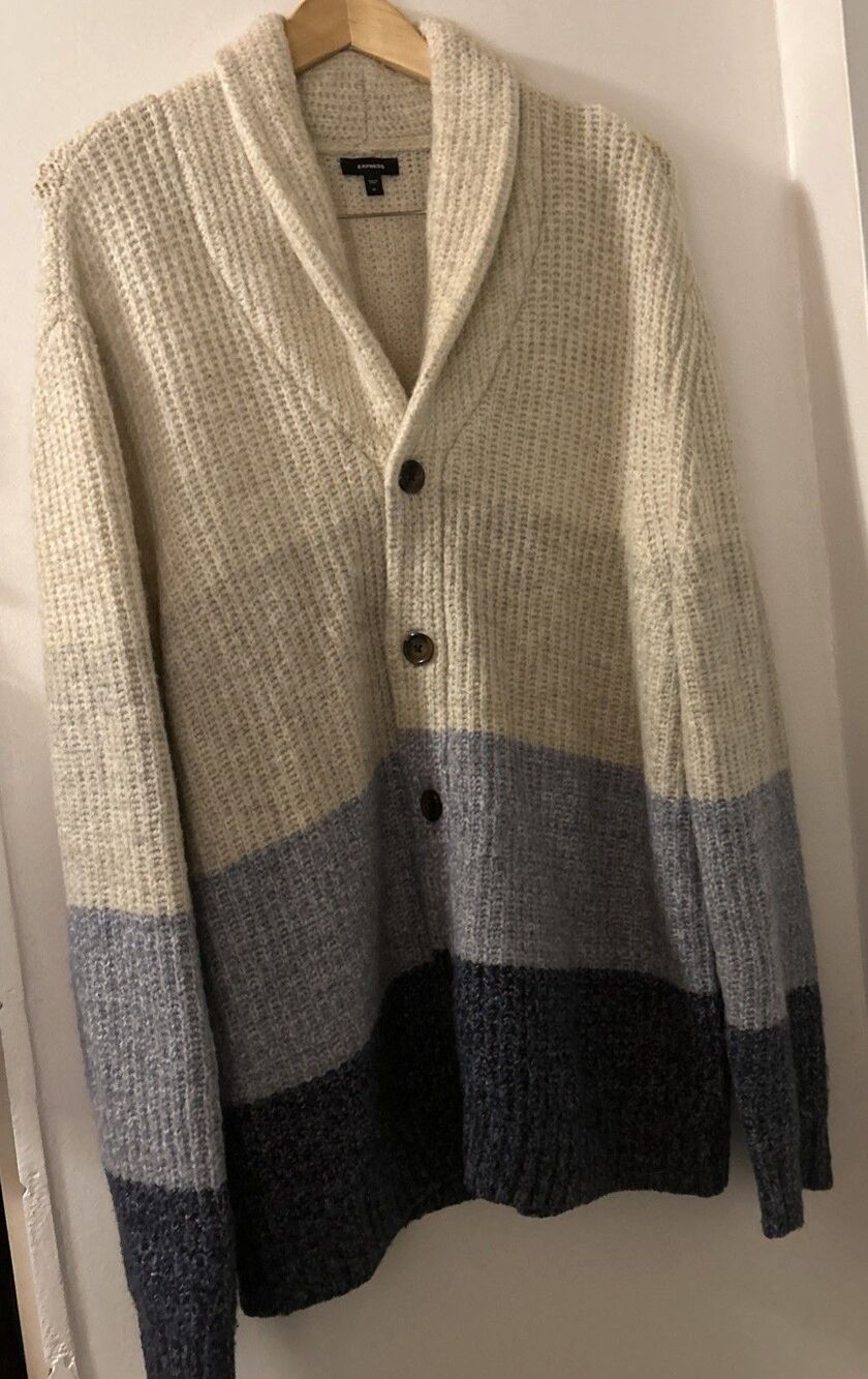 Express Men’s XL Navy Blue Cream Colorblock Shawl Collar Cardigan
